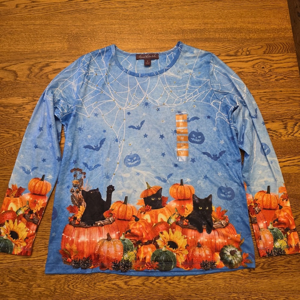 NWT M Halloween Black Cats Fall Pumpkins Teachercore Grandmacore Womens Kittens